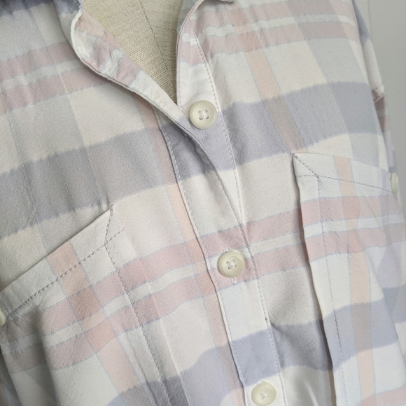 Free People Plaid Button Front Collared Oversized Pastel Purple Pink XS NWT - Picture 7 of 8